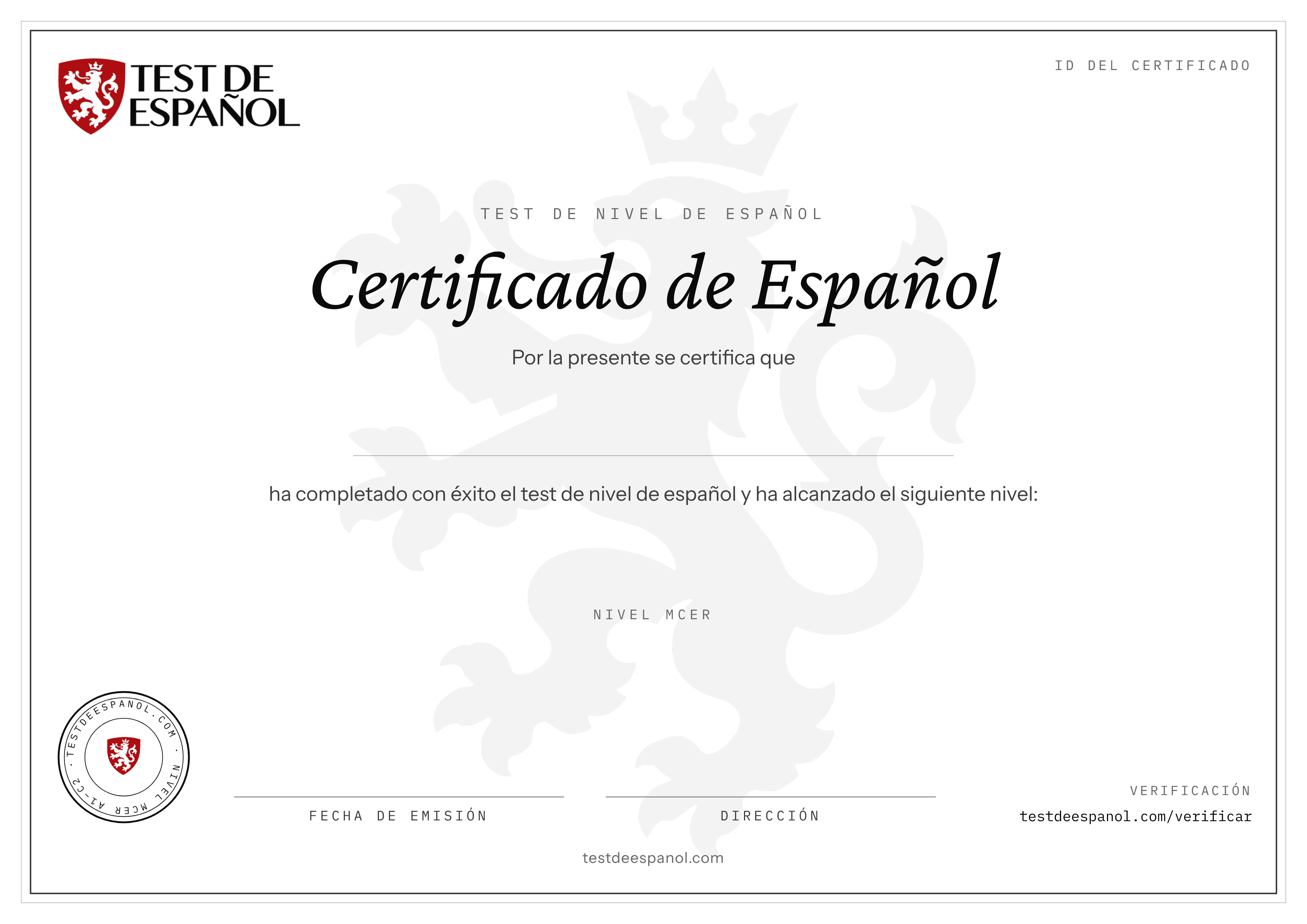 Sample Spanish level certificate from testdeespanol.com